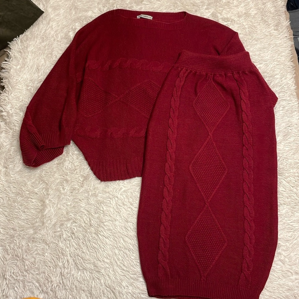 Acrylic Wine Red Sweater Skirt Set